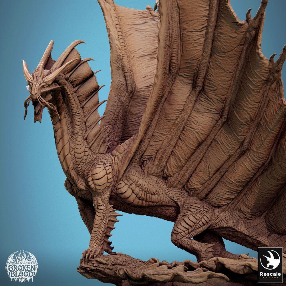 Productfoto Tabletop 28mm Lord of the Print (LotP) 3: Tabletop Miniatuur: Antieke Grote Draak Wyrm, Lindwurm - Gouden Draak, Baasmonster Grote Figuur, brullend met uitgespreide vleugels op rotsachtige basis (24_11_A7)
