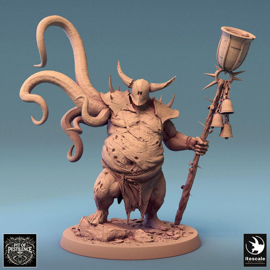 Productfoto Tabletop 28mm Lord of the Print (LotP) 0: Tabletop Miniatuur: Verdorven Pestpriester / Pestshaman met stekelige ritueelstok en bellen, gemuteerde cultleider, tentakelmonster (24_08_D3)