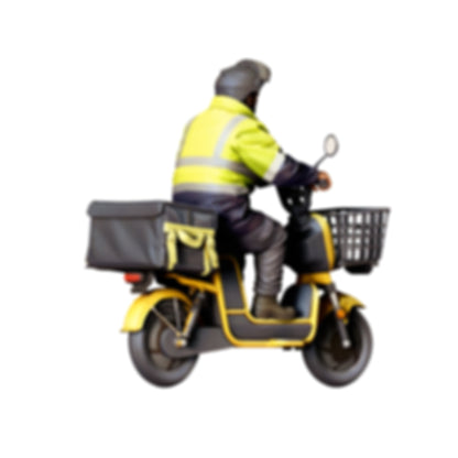 Diorama modelbouw productfoto 3: Zittende figuur: bezorger op motorscooter met voormand & transportbox (ref. nr. 518)