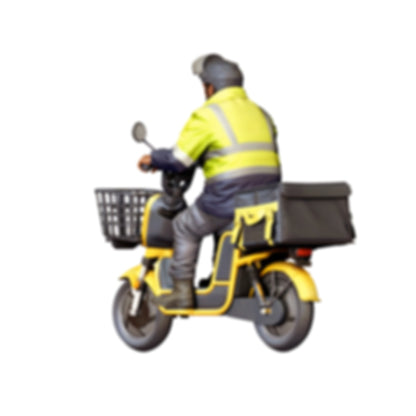 Diorama modelbouw productfoto 4: Zittende figuur: bezorger op motorscooter met voormand & transportbox (ref. nr. 518)