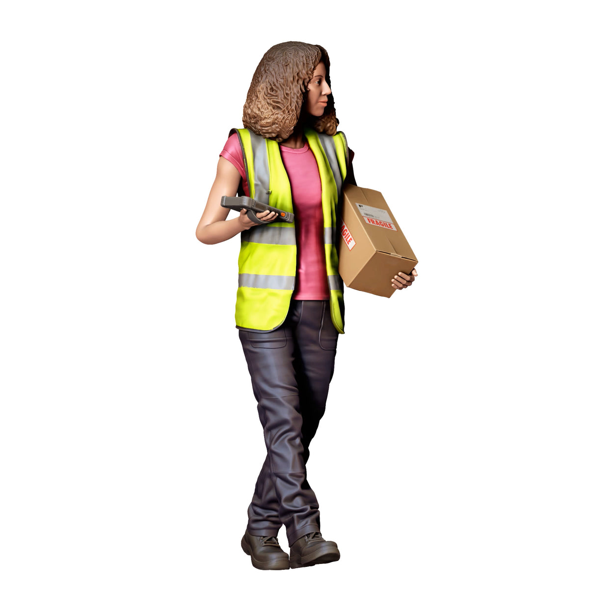 Diorama Modellbau Produktfoto 1: Stehende Figur: Zustellerin mit Paketen & Handscanner (Ref. Nr. 522)