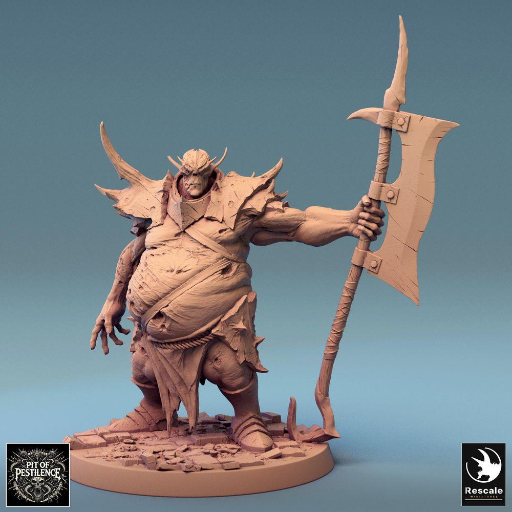 Productfoto Tabletop 28mm Lord of the Print (LotP) 0: Fantasy Miniatuur: Ogre-Hangman, Executioner, Chaos Warrior met Halberd, Polearm-Strijder Warlord (24_08_D4)