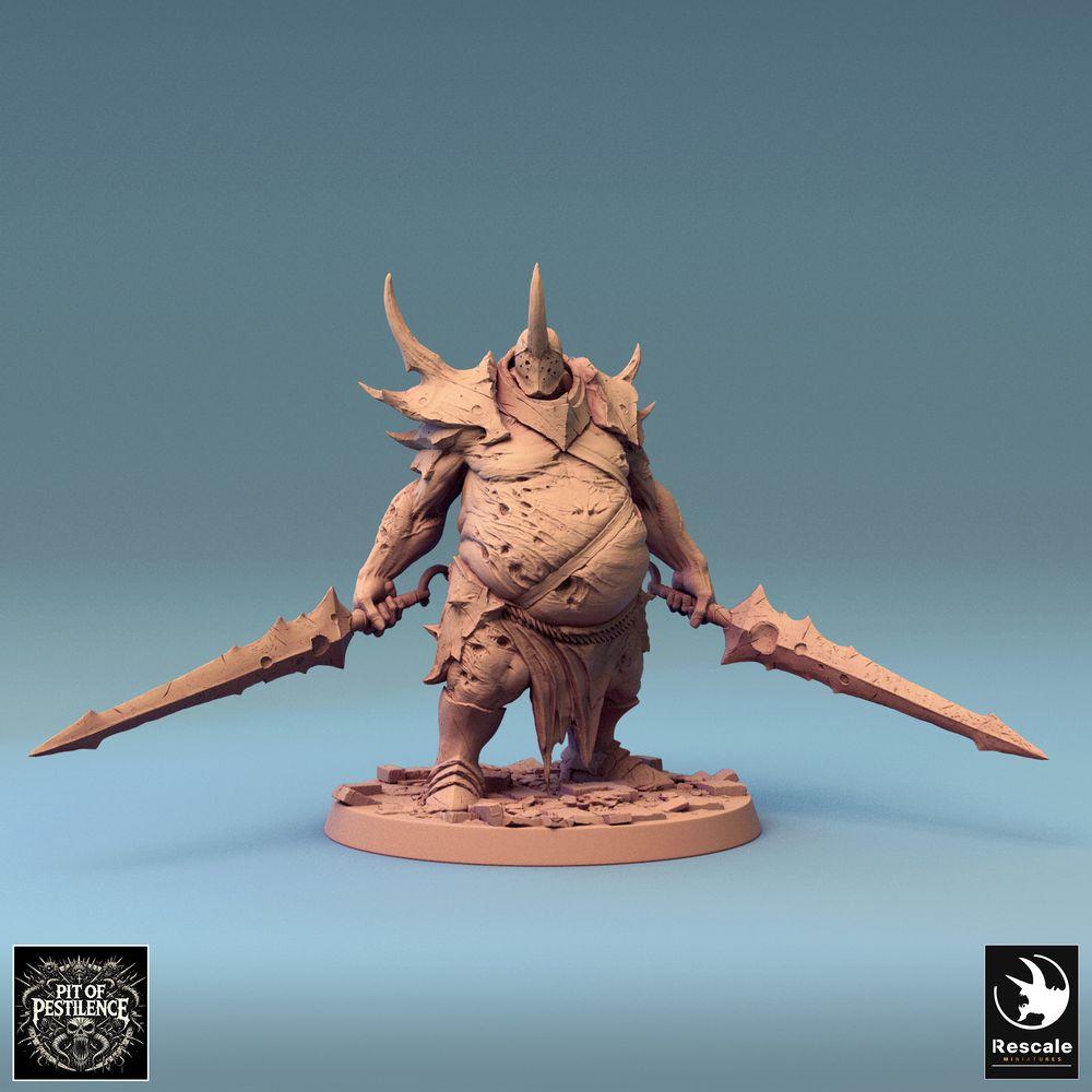 Productfoto Tabletop 28mm Lord of the Print (LotP) 0: Tabletop Miniatuur: Demonische Henker met twee gekartelde zwaarden, Demonenkrijger Warlord, Tweehandige vechter, Berserker, Baas-monster (24_08_D10)