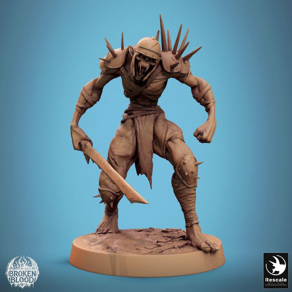 Productfoto Tabletop 28mm Lord of the Print (LotP) 0: Tabletop Miniatuur: Ghul-Berserker Ravager (Ghoul), ondode krijger en vervloekte marauder met gekartelde machete en stekelpantser (24_11_C1)