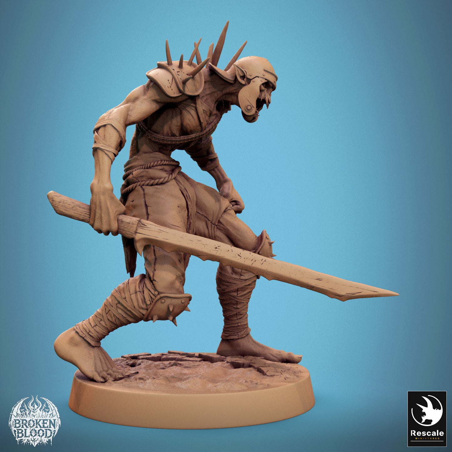 Productfoto Tabletop 28mm Lord of the Print (LotP) 1: Tabletop Miniatuur: Ghul-Berserker Ravager (Ghoul), ondode krijger en vervloekte marauder met gekartelde machete en stekelpantser (24_11_C1)