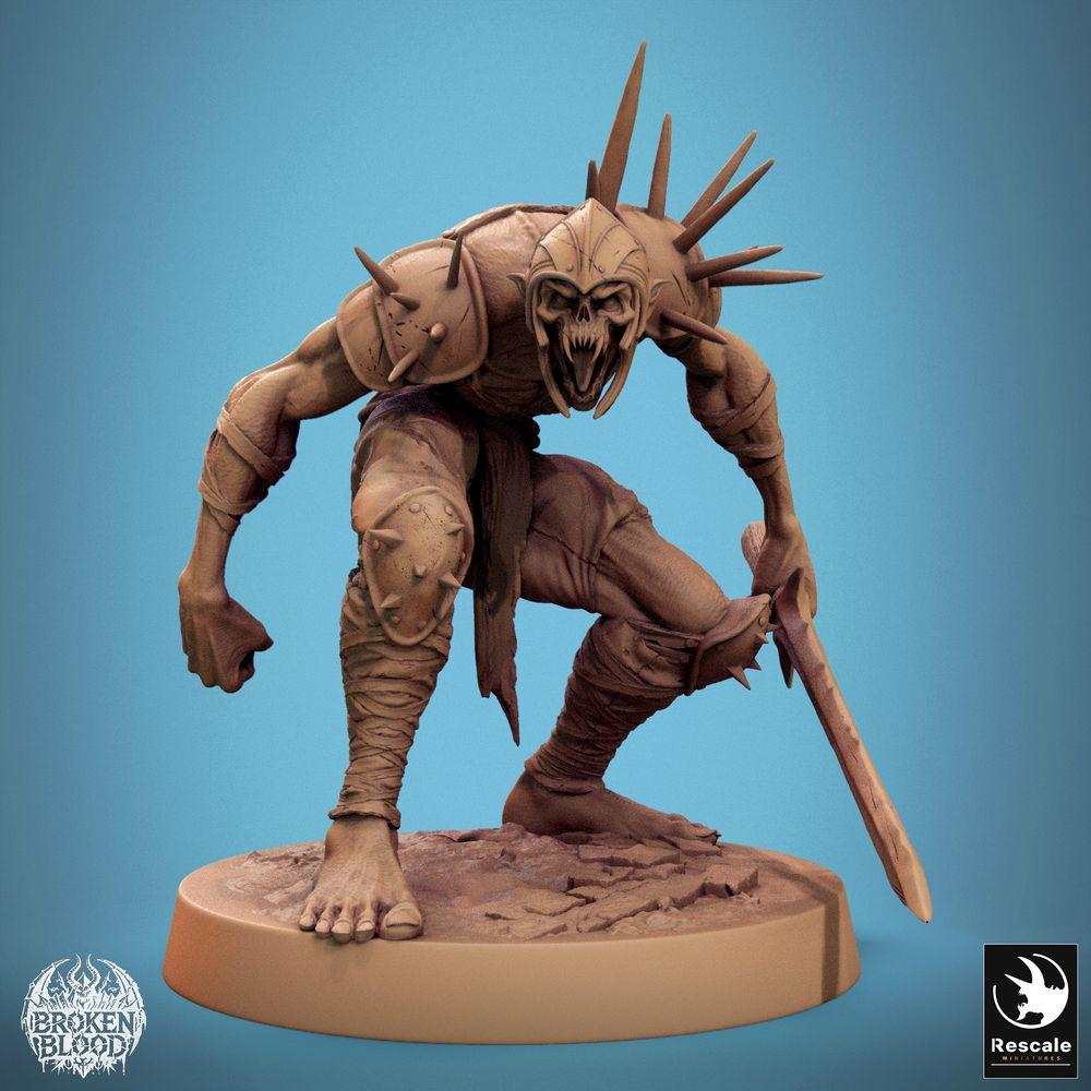 Productfoto Tabletop 28mm Lord of the Print (LotP) 0: Tabletop Miniatuur: Ghoul Ravager - Ghoul-Kampioen, ondode Berserker/zwaardvechter met kort zwaard in gehurkte aanvalshouding, stekelhelm (24_11_C9)