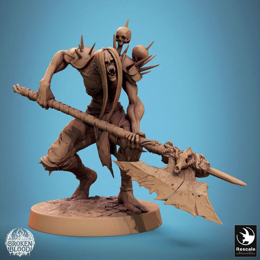 Productfoto Tabletop 28mm Lord of the Print (LotP) 0: Tabletop Miniatuur: Ghul Verwüster (Ghoul Ravager) - Berserker, Axtvechter met Stangen-Axt en schedel-trofeeën, ondode krijger, dungeon-baas (24_11_C19)