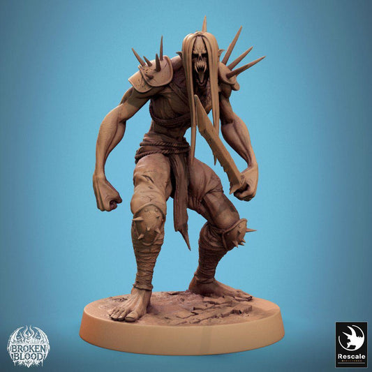 Productfoto Tabletop 28mm Lord of the Print (LotP) 0: Tabletop Miniatuur: Ghoul Ravager (Ghoul-Slachter) - ondode berserker en krijger met gekarteld mes en stekelige schouderplaten, elite-nahkämpfer (24_11_C27)