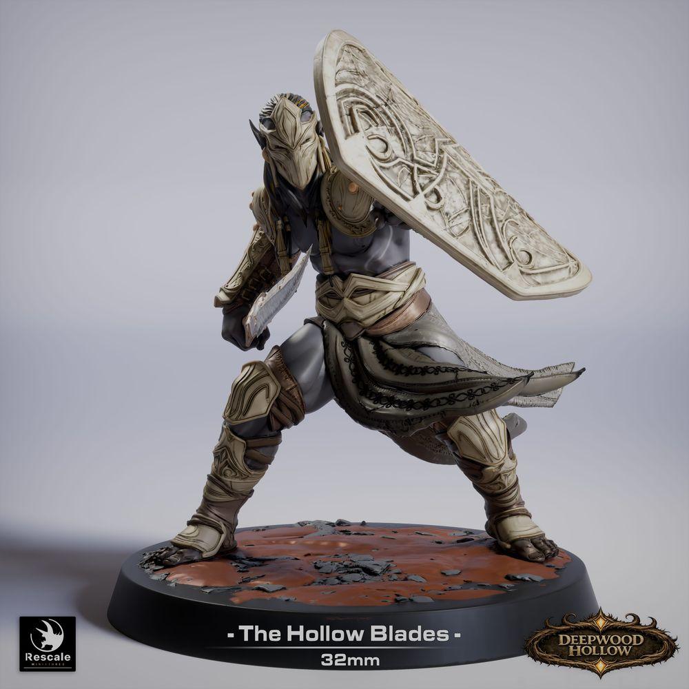 Productfoto Tabletop 28mm Lord of the Print (LotP) 0: Fantasy figuur: Dunkelelf Dark Elf Schildkrieger, Wächter met groot schild en kort zwaard (26_03_G9)
