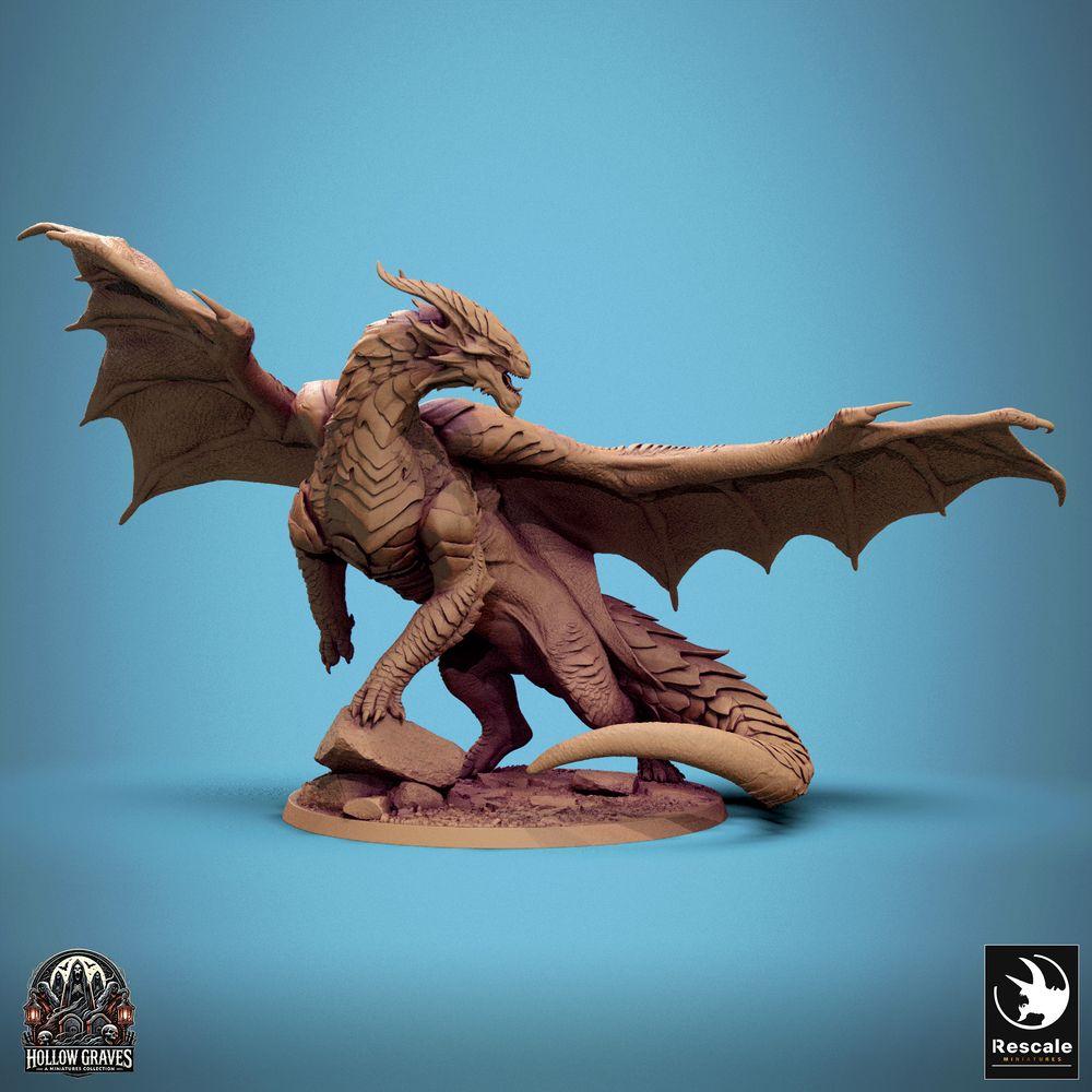 Productfoto Tabletop 28mm Lord of the Print (LotP) 0: Fantasy Figuur: Koperen Draak, oude Wyrm en Drakenheer, brullend met uitgespreide vleugels, op rotsbasis, Bossmonster (24_10_D1)