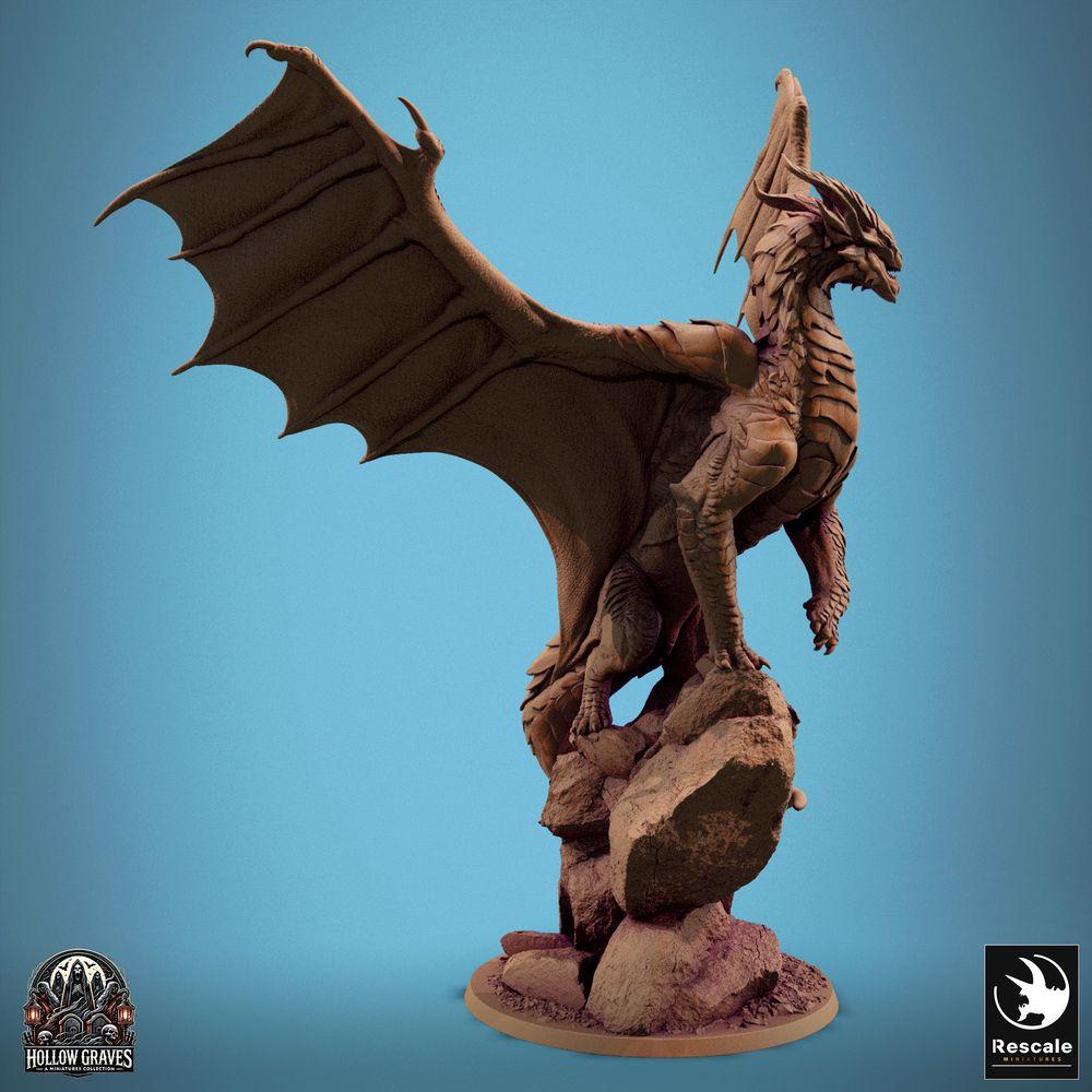 Productfoto Tabletop 28mm Lord of the Print (LotP) 0: Tabletop Miniatuur: Ouderwetse Grote Draak op Rotsrand - Bergdraak Lindwurm met wijd uitgespreide Vleugels, Draakheer Baasmonster (24_10_D2)