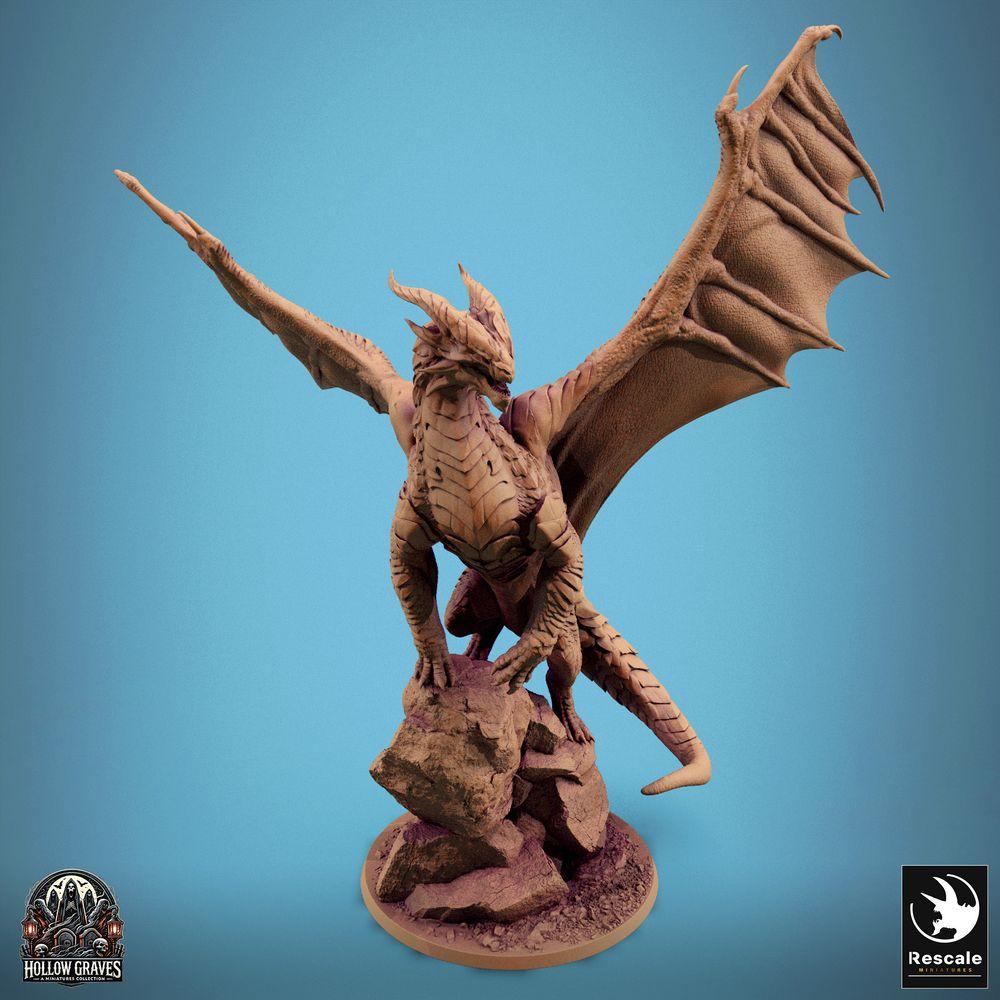 Productfoto Tabletop 28mm Lord of the Print (LotP) 0: Tabletop Miniatuur: Oeroude Grote Draak op Rotsrand - Bergdraak Lindwurm met wijd uitgespreide vleugels, Draakheer Baasmonster (24_10_D2)