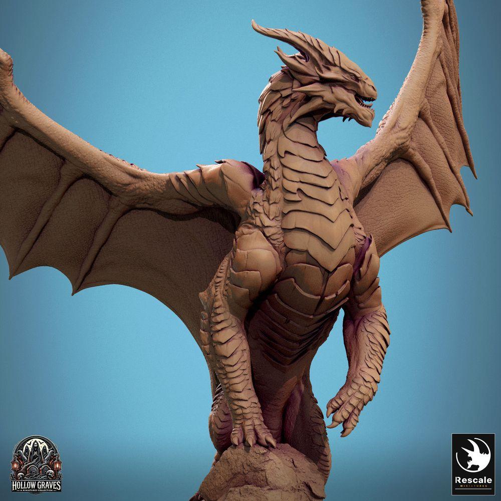 Productfoto Tabletop 28mm Lord of the Print (LotP) 0: Tabletop Miniatuur: Oeroude Grote Draak op Rotsrand - Bergdraak Lindwurm met wijd uitgespreide Vleugels, Draakheer Baasmonster (24_10_D2)