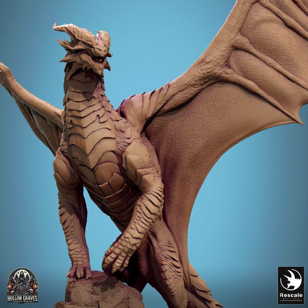 Productfoto Tabletop 28mm Lord of the Print (LotP) 0: Tabletop Miniatuur: Oeroude Grote Draak op Rotsrichel - Bergdraak Lindwurm met wijd uitgespreide vleugels, Drakenheer Baasmonster (24_10_D2)