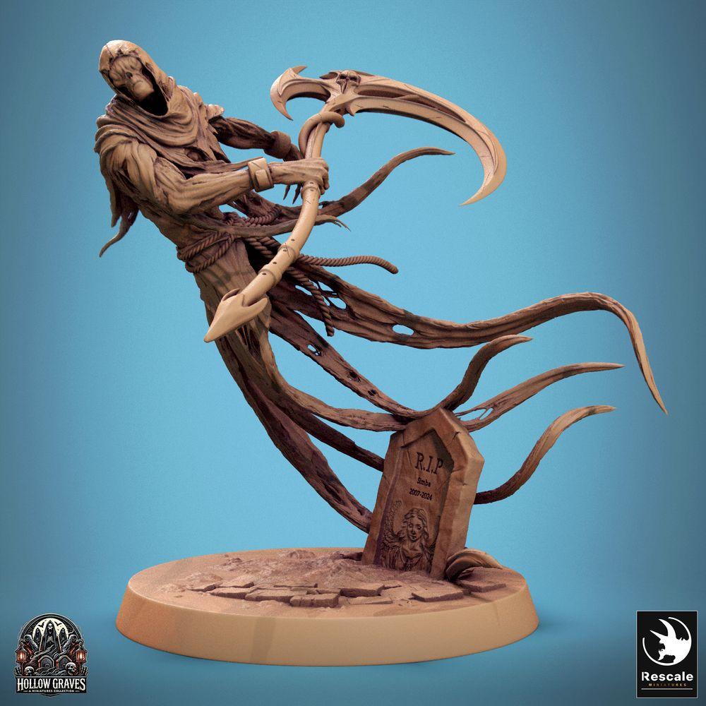 Productfoto Tabletop 28mm Lord of the Print (LotP) 0: Tabletop Miniatuur: Ondode Sensenmann Wraith, geest met dubbele zeis, zwevende Dungeon-Baas op grafsteen-basis (24_10_A1)