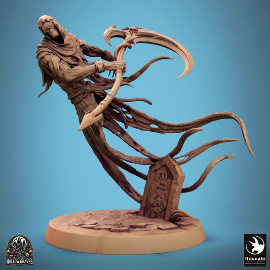 Productfoto Tabletop 28mm Lord of the Print (LotP) 0: Tabletop Miniatuur: Ondode Sensenmann Wraith, geest met dubbele zeis, zwevende Dungeon-Baas op grafsteen-basis (24_10_A1)