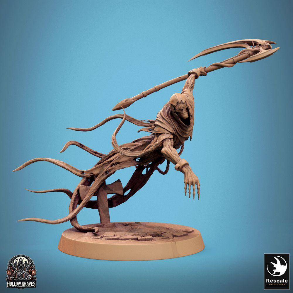 Productfoto Tabletop 28mm Lord of the Print (LotP) 0: Tabletop Miniatuur: Ondode Sensenmann Wraith, geest met dubbele zeis, zwevende Dungeon-baas op grafsteen-basis (24_10_A1)
