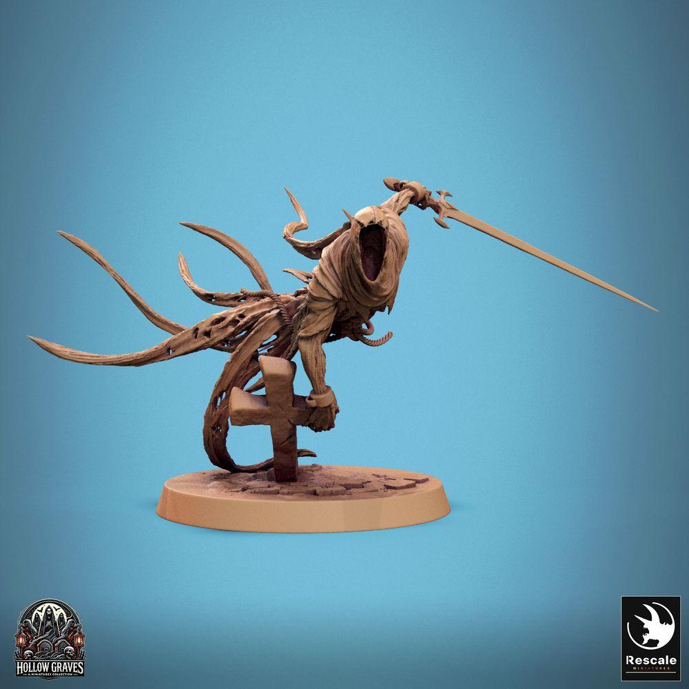 Productfoto Tabletop 28mm Lord of the Print (LotP) 0: Fantasy Figuur: Wraith Geisterkrieger - Spektralritter in Stormaanval met Lange Zwaard, zwevende Ondode Kampioen met Grafrelikwie (24_10_A3)