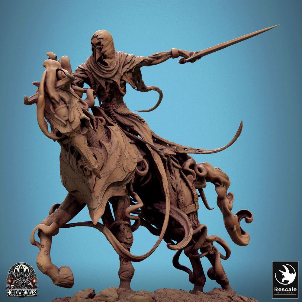 Productfoto Tabletop 28mm Lord of the Print (LotP) 0: Tabletop Miniatuur: Donkere Ridder te Paard, Dodenridder met Langzwaard, Ondode Cavalerie op Schreckensross in Stormaanval (24_10_C1)