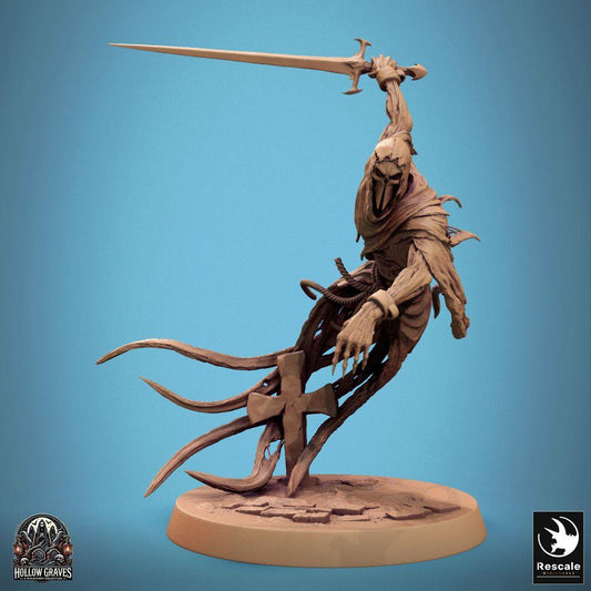Productfoto Tabletop 28mm Lord of the Print (LotP) 0: Tabletop Miniatuur: Ondode Wraith Geisterritter, spectrale beul met zwaard in bovenhandse slag, zwevend, grafsteen-basis (24_10_B1)