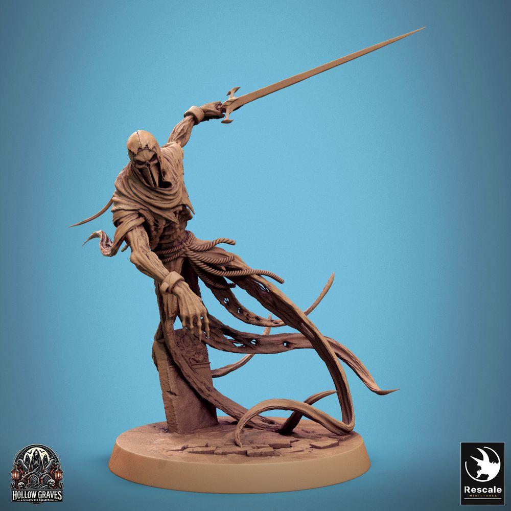 Productfoto Tabletop 28mm Lord of the Print (LotP) 0: Tabletop Miniatuur: Geklede Wraith, spectrale zwaardvechter en ondode huurmoordenaar met lange kling, gescheurde gewaden, dynamische pose op ruïne-basis (24_10_B3)