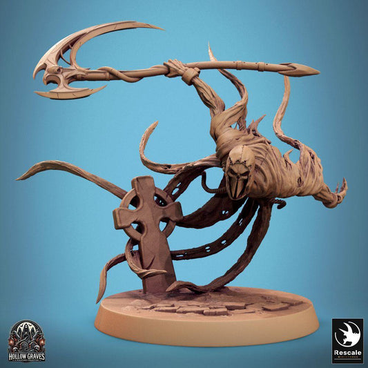 Productfoto Tabletop 28mm Lord of the Print (LotP) 0: Tabletop Miniatuur: Wraith Geist Schnitter met Stangenwapen, dubbelzijdige Zeis/Hellebaard - gemaskerde, zwevende Gruftgeist bij het Grafmonument (24_10_B4)
