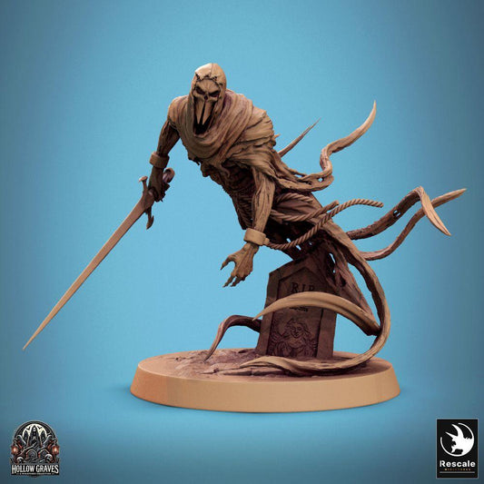 Productfoto Tabletop 28mm Lord of the Print (LotP) 0: Tabletop Miniatuur: Gemaskerde geest, Phantom-assassin, Wraith - Schaduwzwaard met lang zwaard, kap en snavelachtige masker, Grafbasis met ranken (24_10_B10)