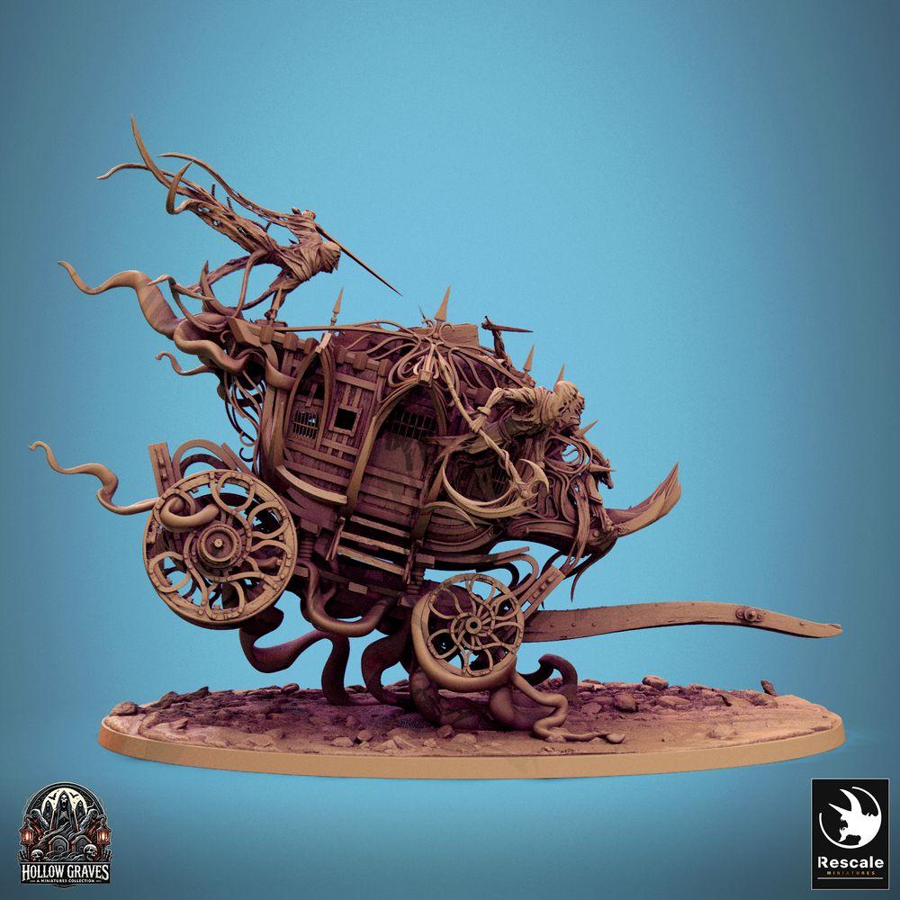 Productfoto Tabletop 28mm Lord of the Print (LotP) 0: Tabletop Miniatuur: Ondode Dodenwagen / Phantom Coach - Demonische Oorlogsmaschine, Horror‑Strijdwagen, Belegeringsplatform met Handlangers en Stangenwapens (24_10_F1)