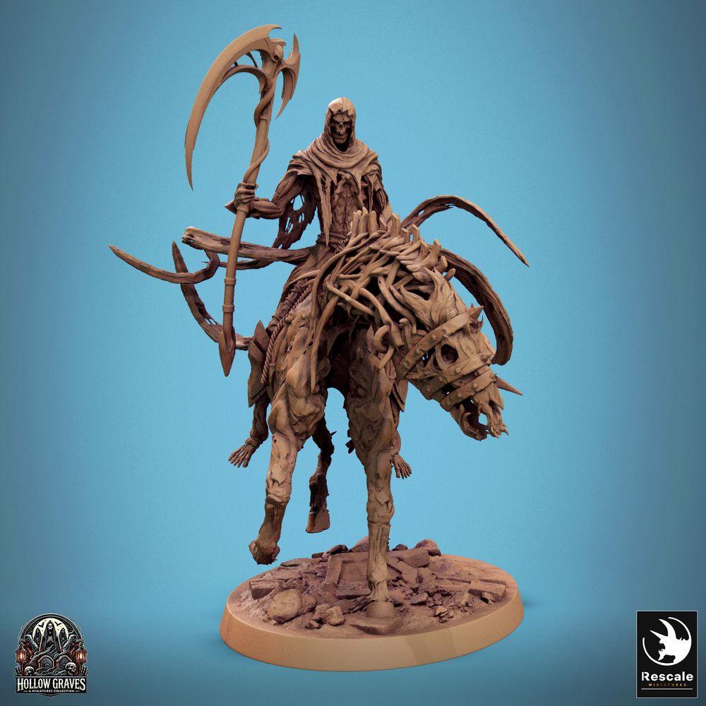 Productfoto Tabletop 28mm Lord of the Print (LotP) 0: Tabletop Miniatuur: Ondode Ruiter op Skelettpaard, Sensenrijder Reaper, Dodenridder, Leider van de Bottenkavalerie met Sensen-Polearm (24_10_E2)
