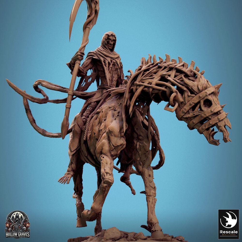 Productfoto Tabletop 28mm Lord of the Print (LotP) 0: Tabletop Miniatuur: Ondode Ruiter op Skeletpaard, Sensenreiter Reaper, Dodenridder, Leider van de Bottenkavalerie met Sensen-Polearm (24_10_E2)