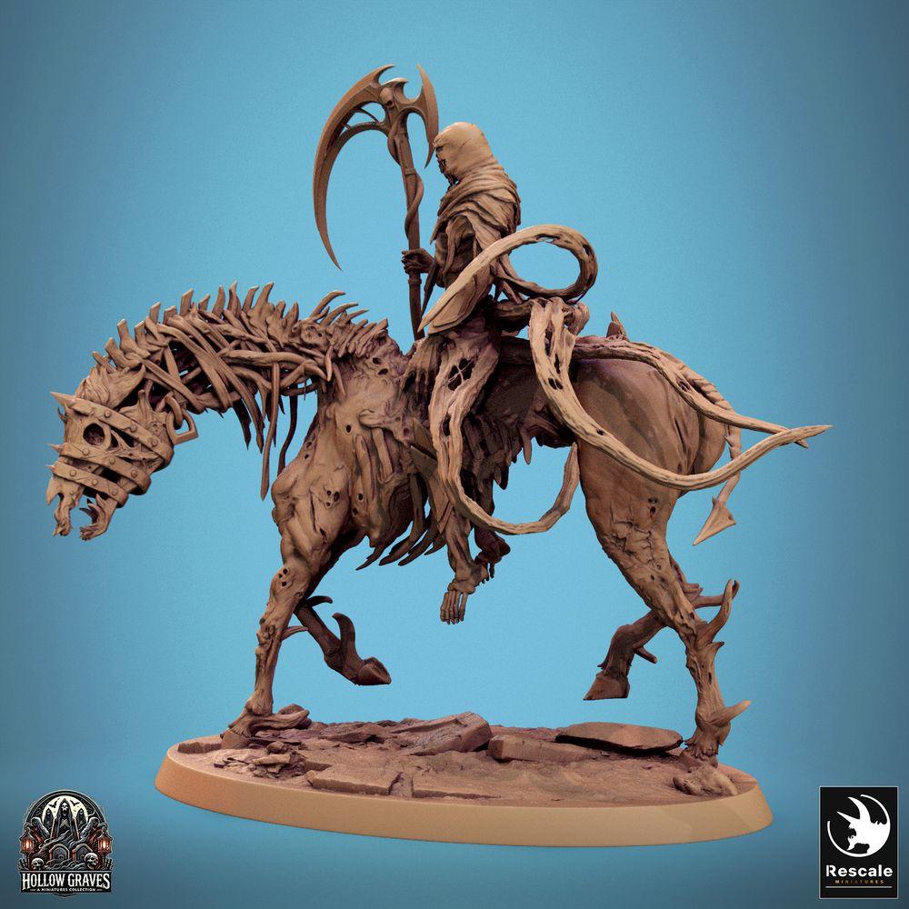 Productfoto Tabletop 28mm Lord of the Print (LotP) 0: Tabletop Miniatuur: Ondode Ruiter op Skelettpaard, Sensenrijder Reaper, Dodenridder, Leider van de Bottenkavalerie met Sensen-Polearm (24_10_E2)