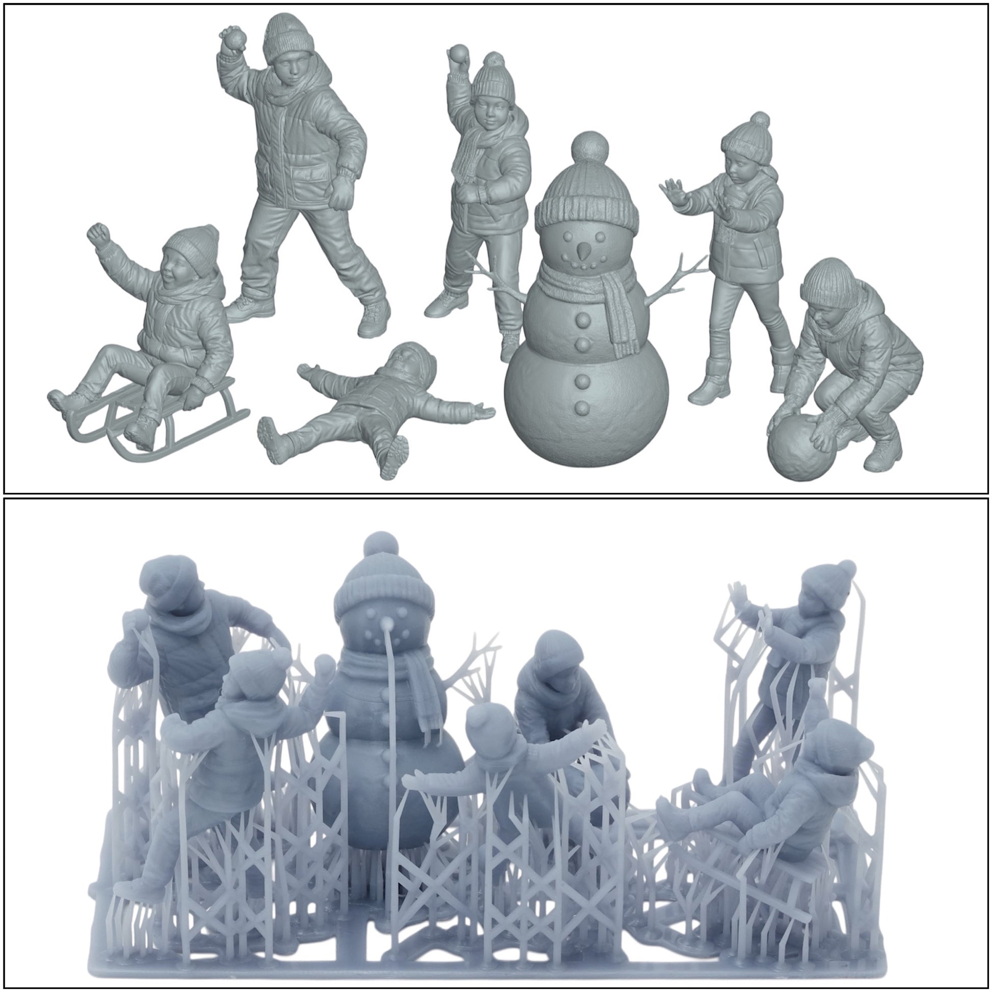 Diorama modelbouw productfoto 0: Winterse kinderen - 7 figuren - Sneeuwman en sneeuwballengevecht