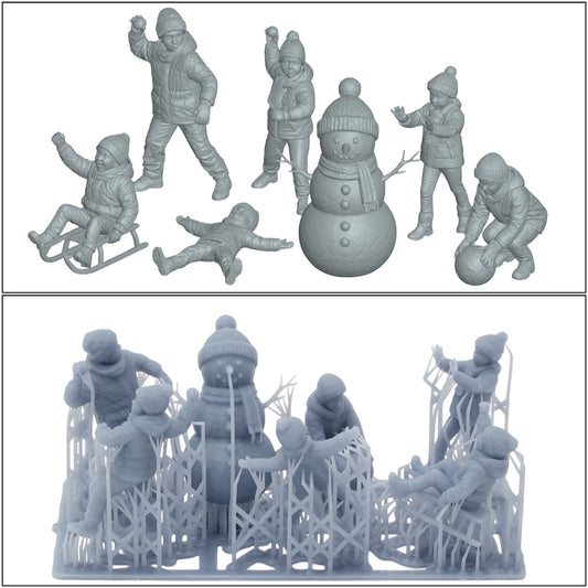 Diorama modelbouw productfoto 0: Winterse kinderen - 7 figuren - Sneeuwman en sneeuwballengevecht