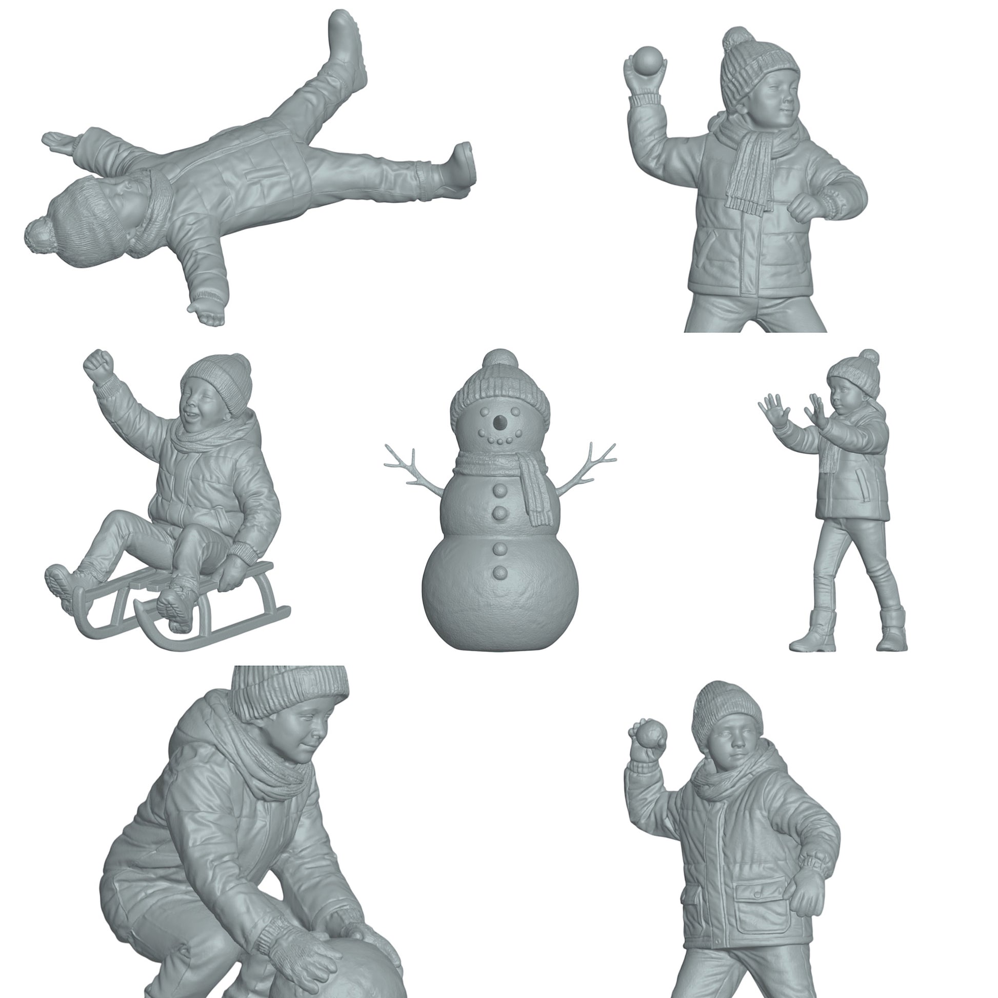 Diorama modelbouw productfoto 0: Winterse kinderen - 7 figuren - Sneeuwman en sneeuwballengevecht