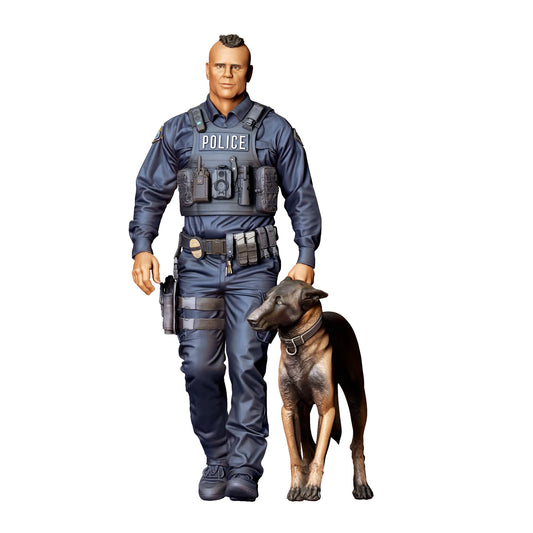 Diorama modelbouw productfoto 0: Staande figuur: politieagent in operationele kleding met diensthond (ref. nr. 524)