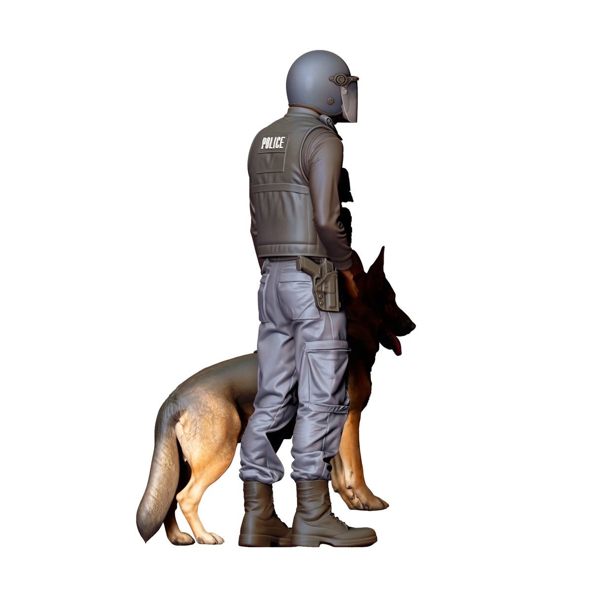Diorama Modellbau Produktfoto 2: Diorama Figur: Stehender Polizist in Schutzausrüstung mit sitzendem Diensthund (Ref. Nr. 526)