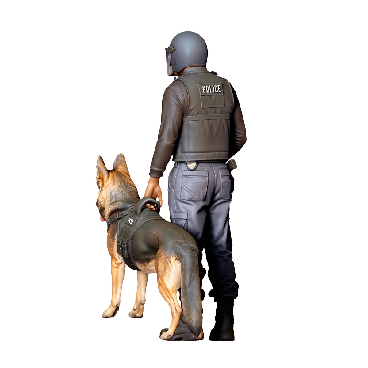 Diorama Modellbau Produktfoto 3: Diorama Figur: Stehender Polizist in Schutzausrüstung mit sitzendem Diensthund (Ref. Nr. 526)