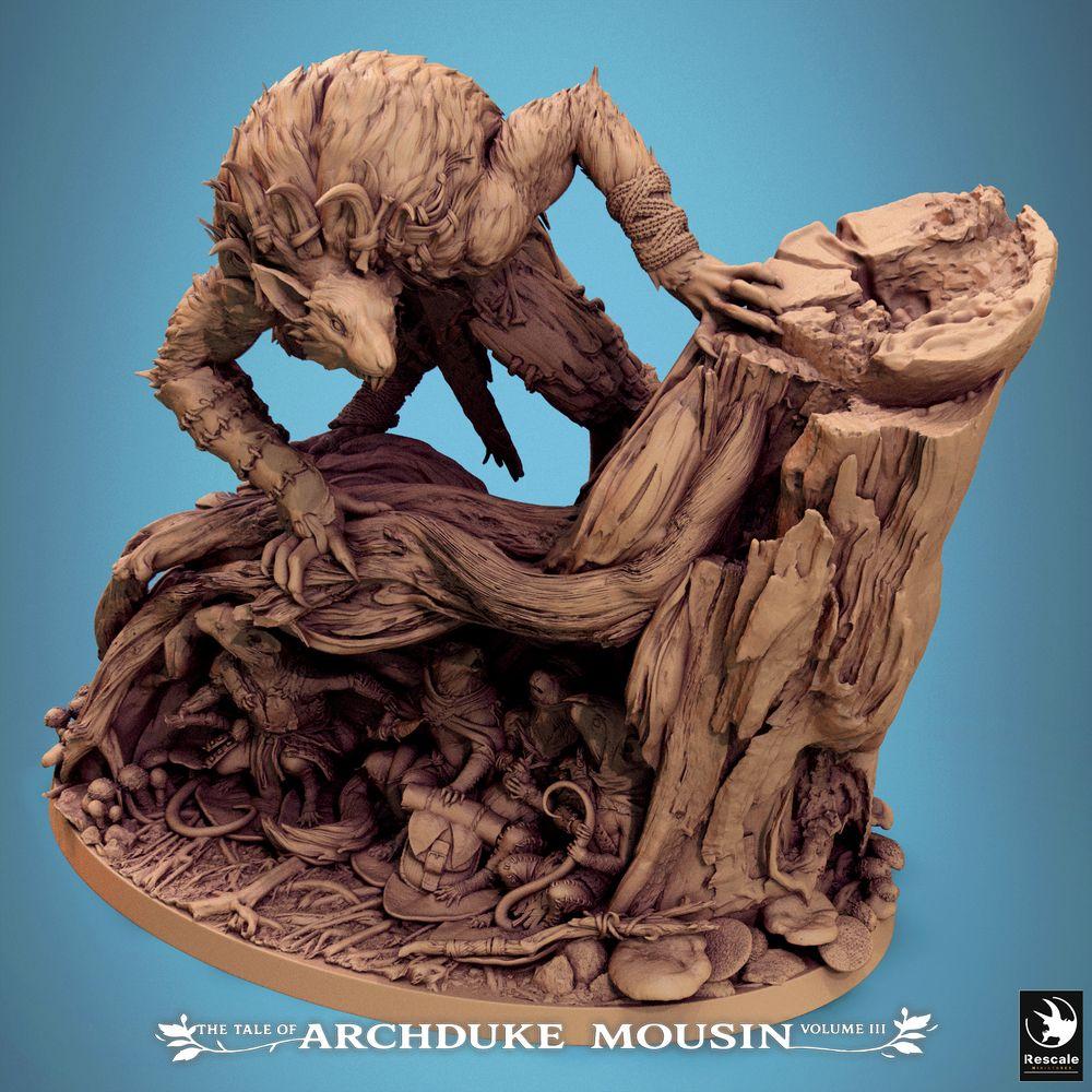 Productfoto Tabletop 28mm Lord of the Print (LotP) 1: Tabletop Miniatuur: Diermens weerwolf-hybride op boomstronk, bosbeest en alpha-rover, dungeon-baas, scènesbasis met muizen- en rattenwezens (25_07_R1)