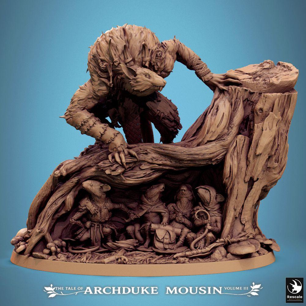 Productfoto Tabletop 28mm Lord of the Print (LotP) 2: Tabletop Miniatuur: Diermens Weerwolf-Hybride op Boomstronk, Bosbeest en Alpha-Jager, Dungeon-Baas, Scènebasis met Muizen- en Rattenwezens (25_07_R1)