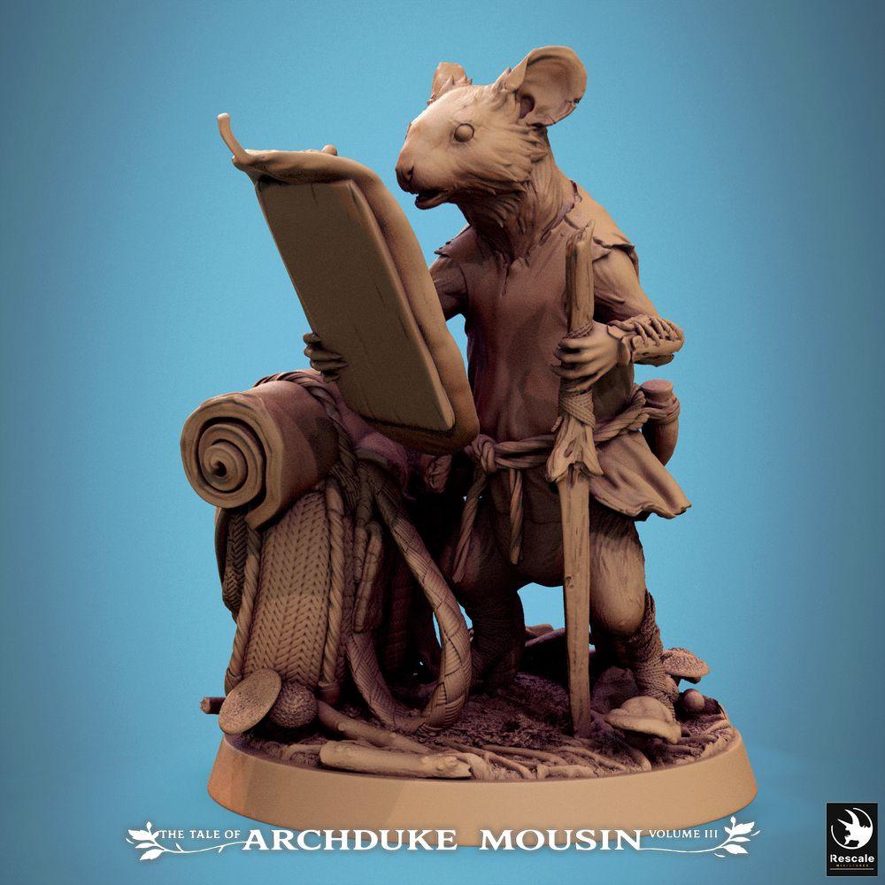 Productfoto Tabletop 28mm Lord of the Print (LotP) 0: Tabletop Miniatuur: Muismens Verkenner/Kartograaf met Kaart en Wandelaarsstok - Boswachter Avonturier, Reisende Monnik/Pelgrim, NPC voor Dungeon, Wargame, Diorama (25_07_Q19)