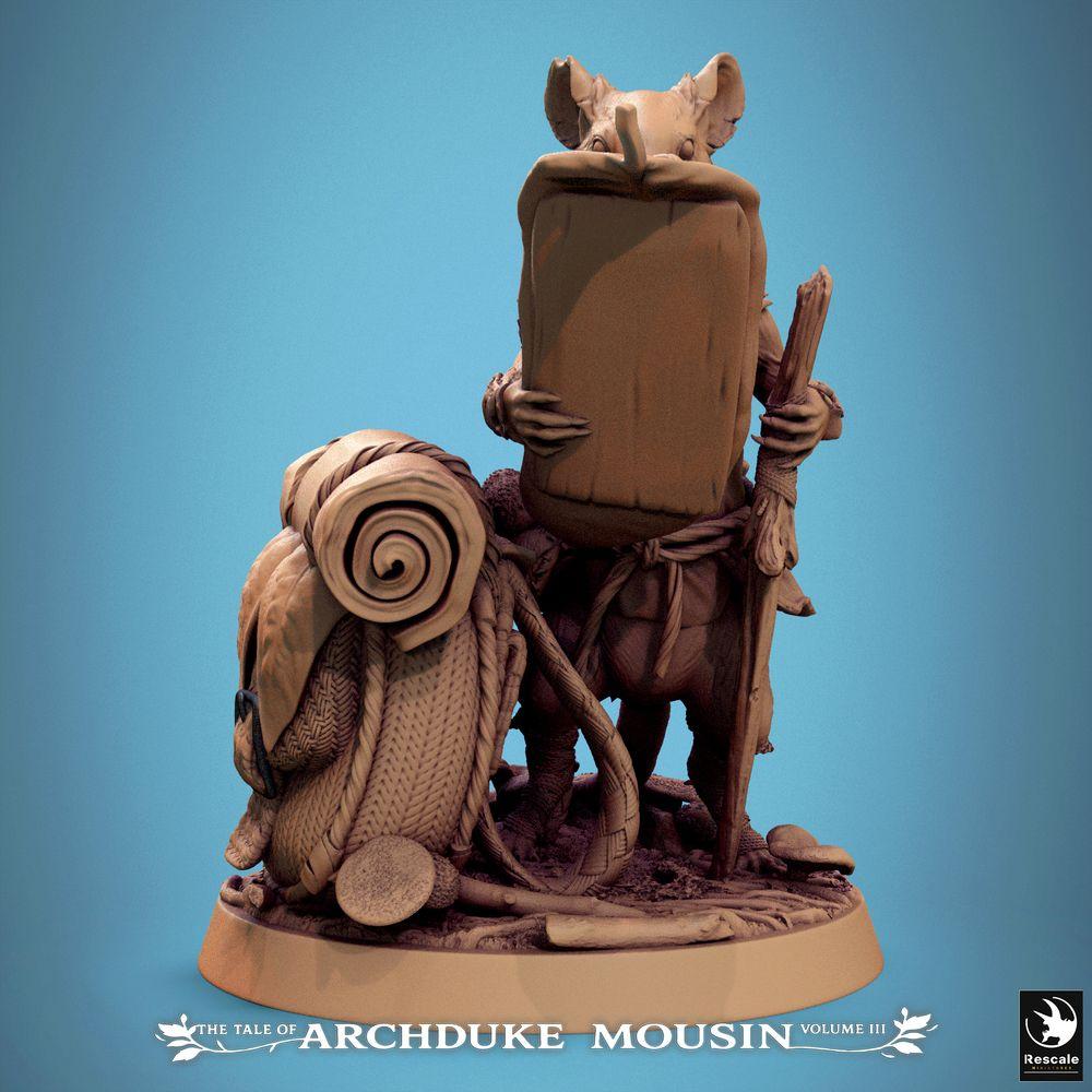 Productfoto Tabletop 28mm Lord of the Print (LotP) 1: Tabletop Miniatuur: Muismens Verkenner/Kartograaf met Kaart en Wandelstok - Boswachter Avonturier, Reisende Monnik/Pelgrim, NPC voor Dungeon, Wargame, Diorama (25_07_Q19)