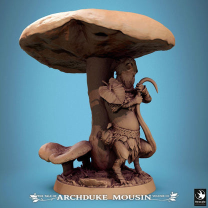 Productfoto Tabletop 28mm Lord of the Print (LotP) 0: Tabletop Miniatuur: Muismens Bosdruïde Paddenstoelschamaan met Staf, Boswachter Ranger op Paddenstoelenstam - Fantasy Wargaming, Skirmish, Dungeon, Diorama-basis (25_07_Q23)