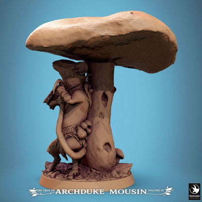 Productfoto Tabletop 28mm Lord of the Print (LotP) 1: Tabletop Miniatuur: Muizemens Walddruïde Paddenstoelschamaan met Staf, Boswachter Ranger op Paddenstoelenstam - Fantasy Wargaming, Skirmish, Dungeon, Diorama-Basis (25_07_Q23)
