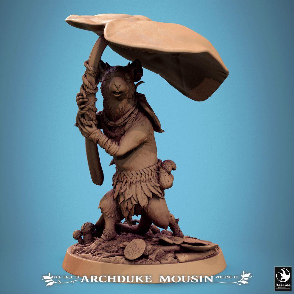 Productfoto Tabletop 28mm Lord of the Print (LotP) 0: Tabletop Miniatuur: Dierfolk Muizenkrijger van het Bosvolk, Verkenner en Paddenstoelkrijger met Paddenstoel-schild en Paddenstoel-stok-knuppel (25_07_Q25)