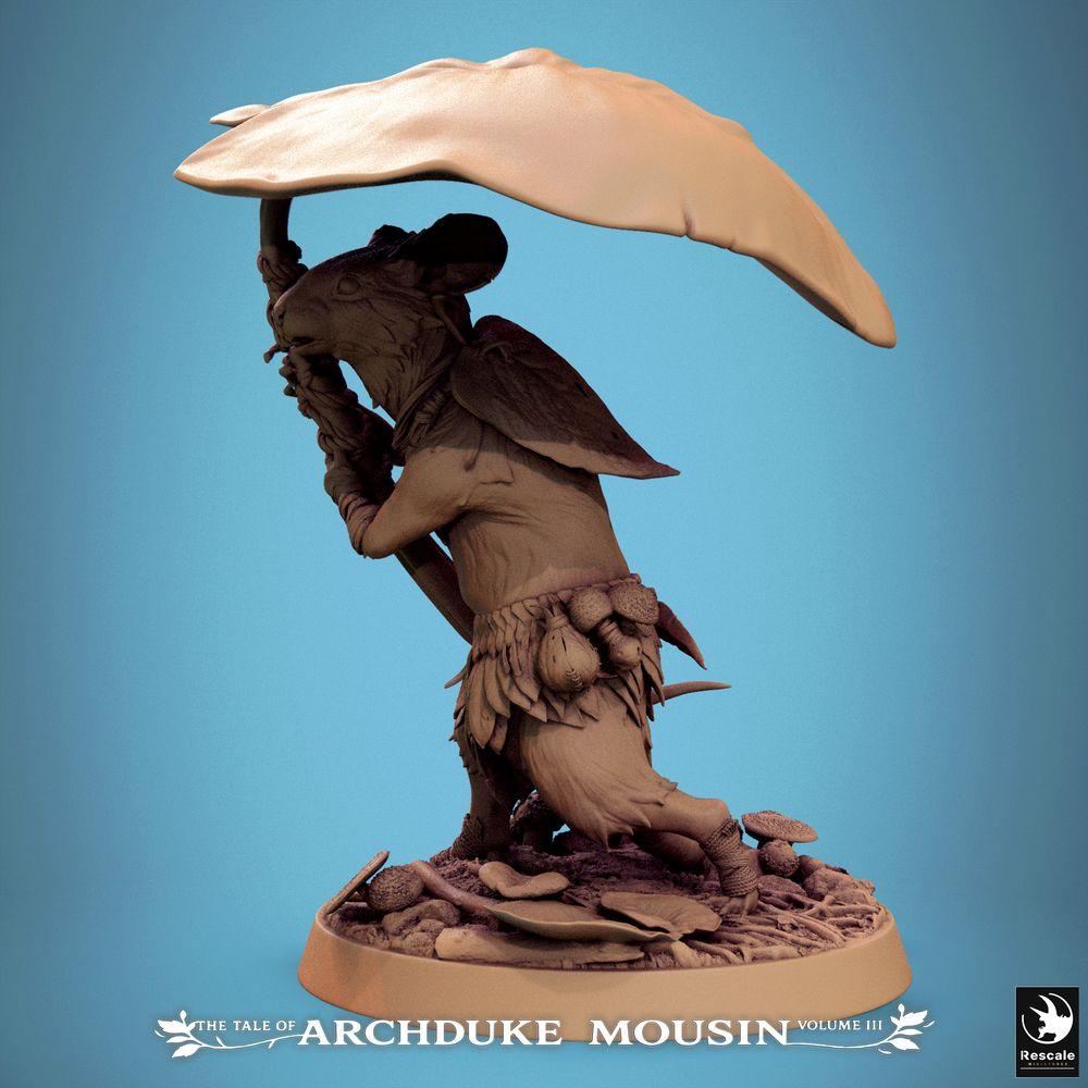 Productfoto Tabletop 28mm Lord of the Print (LotP) 1: Tabletop Miniatuur: Dierenfolk Muizenkrijger van het Bosvolk, Verkenner en Paddokrijger met Paddoshut-schild en Paddostok-knuppel (25_07_Q25)