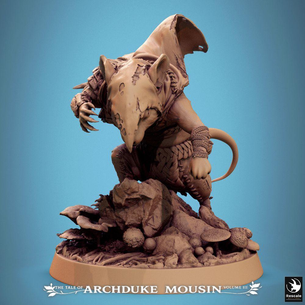 Productfoto Tabletop 28mm Lord of the Print (LotP) 0: Tabletop Miniatuur: Rattenmens Assassijn / Moordenaar van het Rattenvolk, gehurkt en klaar om te springen met kap en mantel - Tunnelverkenner, schaduwlooper op scenische rotsbasis (25_07_Q27)