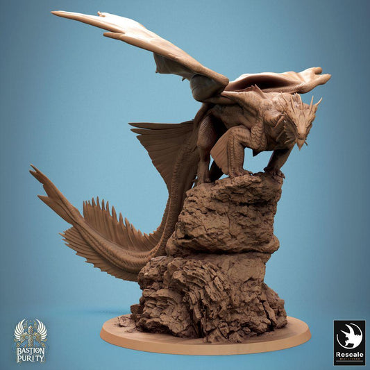 Produktfoto Tabletop 28mm Lord of the Print (LotP) 0: Tabletop Miniatur: Uralter Drache Wyrm auf Felsklippe, Gebirgs- und Felsendrache, Drohpose, sprungbereit, Bossmonster (24_09_E1)