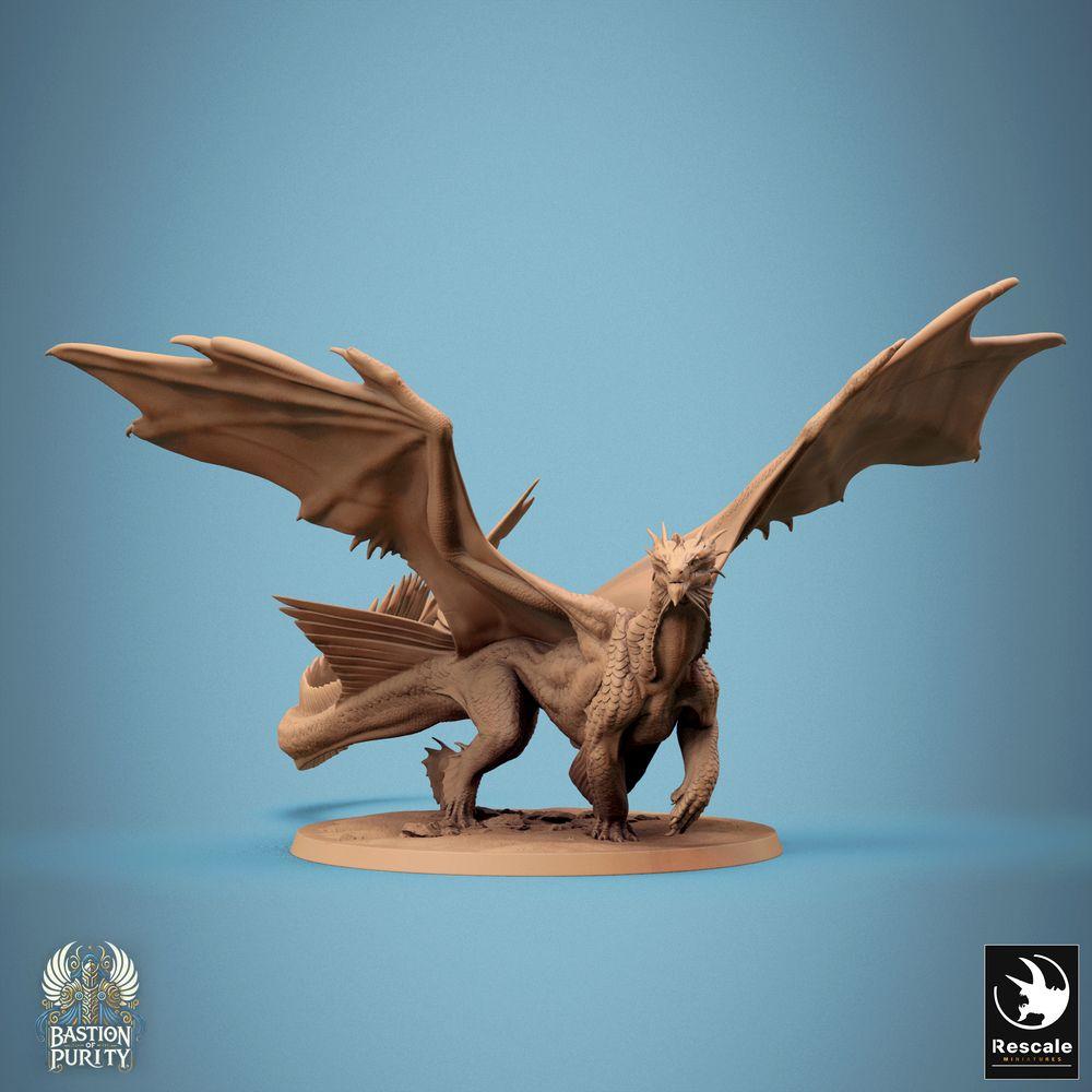 Produktfoto Tabletop 28mm Lord of the Print (LotP) 0: Fantasy Figur: Bronze Drache (Bronze Dragon), Antiker Großdrache Wyrm, Drachenältester Bossmonster, aufgerichtet brüllend mit weit ausgespannten Schwingen und angehobener Vorderkralle (24_09_E2)