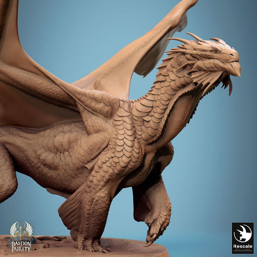 Produktfoto Tabletop 28mm Lord of the Print (LotP) 0: Fantasy Figur: Bronze Drache (Bronze Dragon), Antiker Großdrache Wyrm, Drachenältester Bossmonster, aufgerichtet brüllend mit weit ausgespannten Schwingen und angehobener Vorderkralle (24_09_E2)