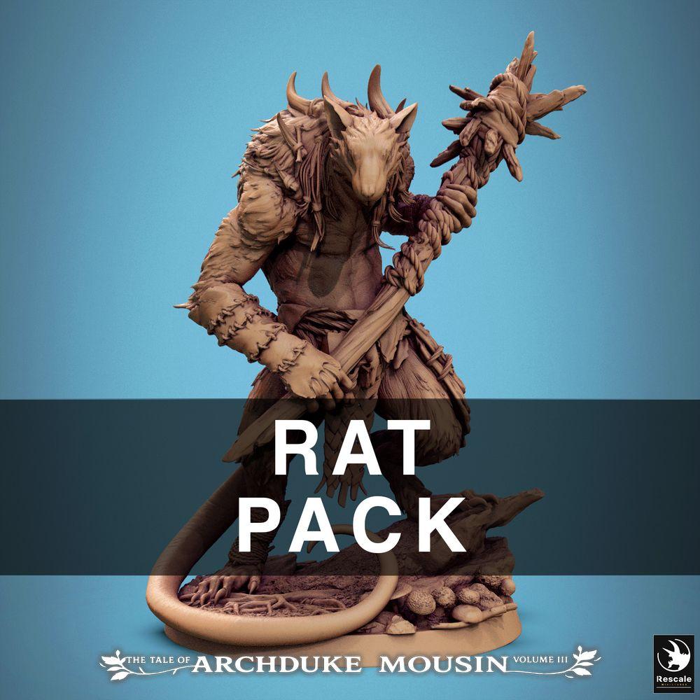 Productfoto Tabletop 28mm Lord of the Print (LotP) 1: Fantasy Miniatuur: Rattenoger / Wer-Rat, Beestenkrijger met Stekelknots, Ondergrond Baasmonster en Dungeon-Crawler Tegenstander (25_07_O3)